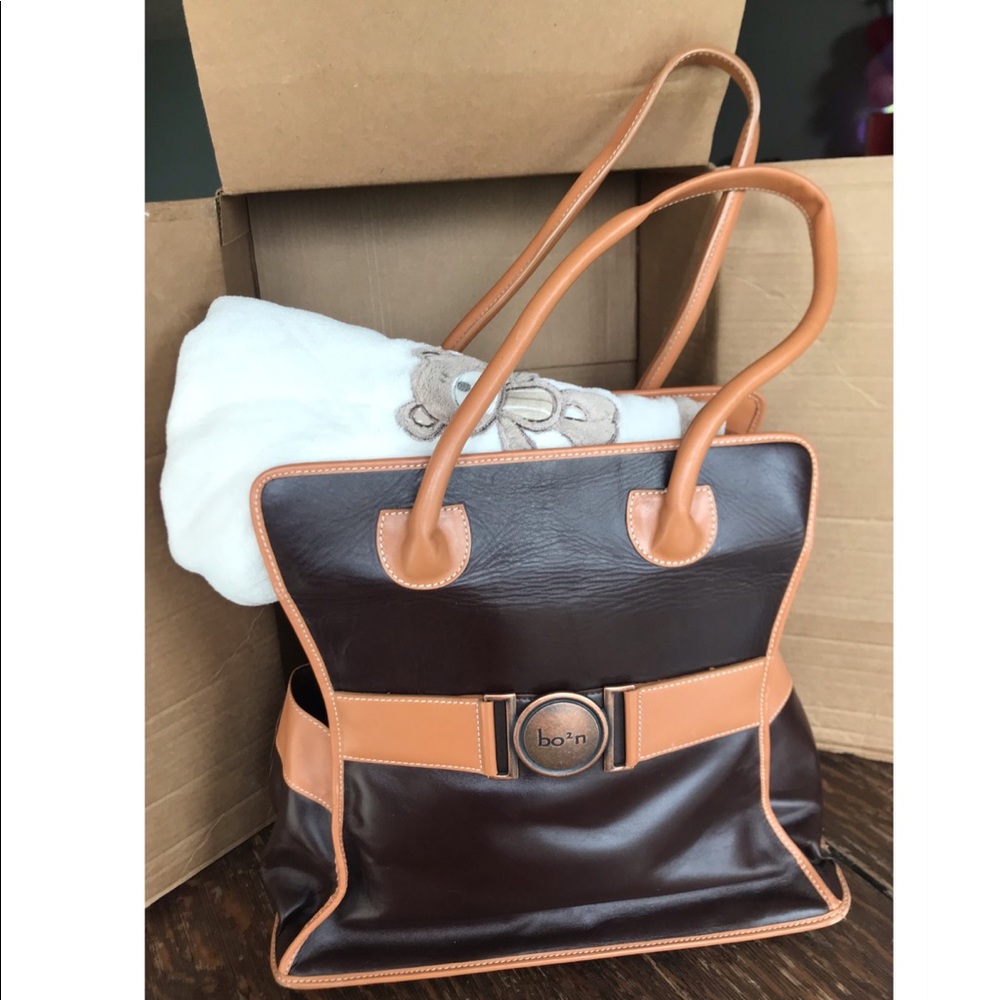 Bo2N Designer Leather Baby Diaper Bag Tote Brown
